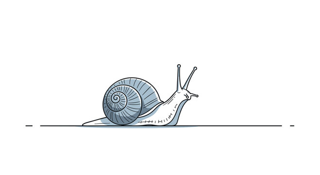 Minimalist illustration of a snail with a grey spiral shell and two eyestalks slowly making its way across a horizontal line on a white background.