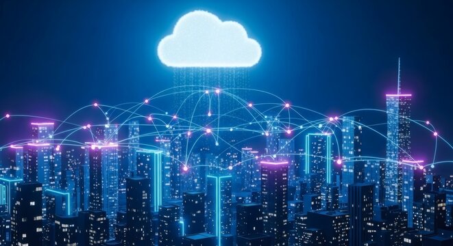 Digital cloud network over futuristic city - smart communication and data connectivity concept