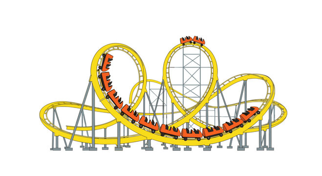 A vibrant yellow roller coaster with multiple exciting loops and twists features orange passenger cars, ready for a thrilling ride.