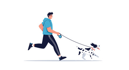 Obraz premium A smiling man in athletic wear runs with his happy spotted dog on a leash, enjoying an active outdoor walk or jog.