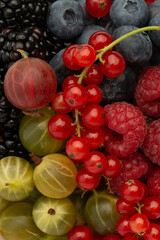 Various summer berries, raspberries, blueberries, currants, blackberries. Macro.