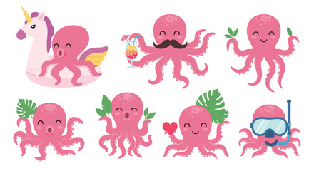 Obraz premium Cute pink octopus characters depicted in various playful and summer-themed illustrations.
