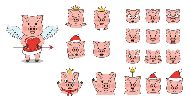 Collection of cute cartoon pig characters depicting various emotions, expressions, and festive costumes like Cupid, crowns, and Santa hats.