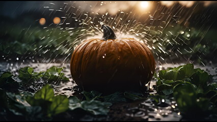 Spooky Halloween night: carved pumpkin glows fiercely on a garden bed under a stormy sky. Lightning