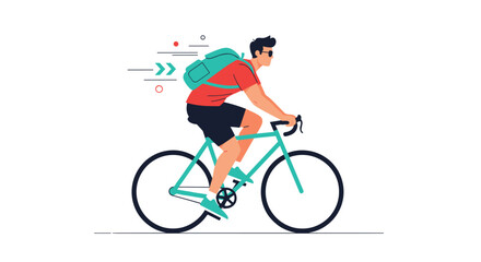 Fototapeta premium A sporty young man with a backpack and sunglasses speeds along on his bicycle, a modern flat illustration capturing active travel.