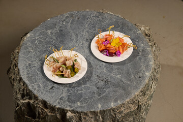 The Elegant Presentation of Exquisite Culinary Masterpieces on a Stunning Marble Base Display
