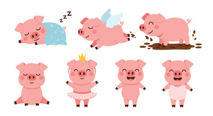 A charming collection of cute cartoon pink pigs showcasing various playful activities and adorable expressions on a white background.