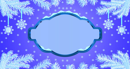 Beautiful winter background with icy blue frame, snowflakes, and frosty pine branches, perfect for Christmas cards, banners, and festive holiday templates.