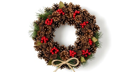 A beautiful Christmas wreath composed of pine cones, red berries, and decorative green elements