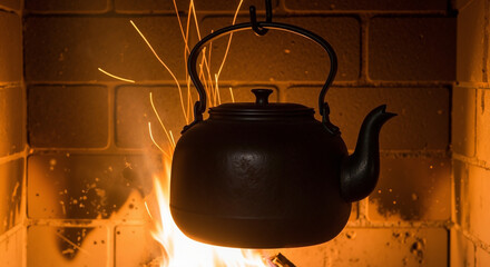 Iron kettle hanging above a fire in a rustic fireplace  