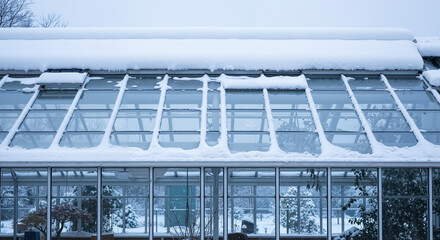 Obraz premium Snow on greenhouse roof in winter with snow covered panes 
