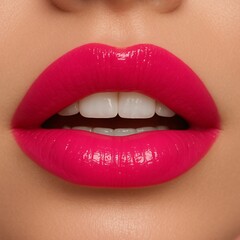 Obraz premium Bright pink glossy lipstick close up mouth