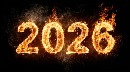 Orange fire 2026 number with sparks black background