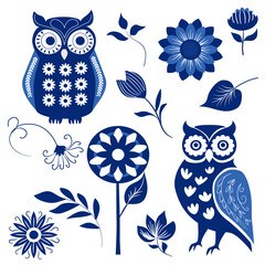 Vector seamless pattern with decorative owls, flowers and leaves in folk art style. Perfect for textile, wallpaper, wrapping and ethnic design.
