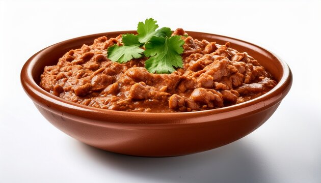 bowl of traditional refried beans on white background