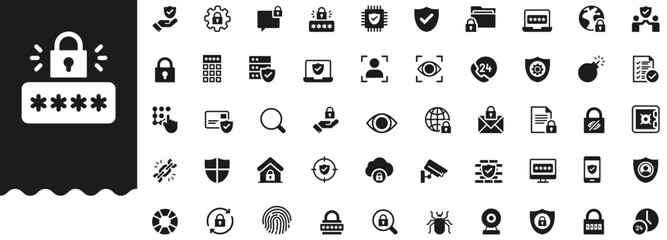 Security services solid icon set features lock, password, encryption, firewall, data security, fingerprint shield and surveillance symbols for cyber and physical protection. Professional vector icons.