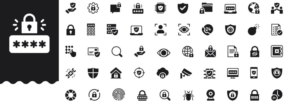 Security services solid icon set features lock, password, encryption, firewall, data security, fingerprint shield and surveillance symbols for cyber and physical protection. Professional vector icons.