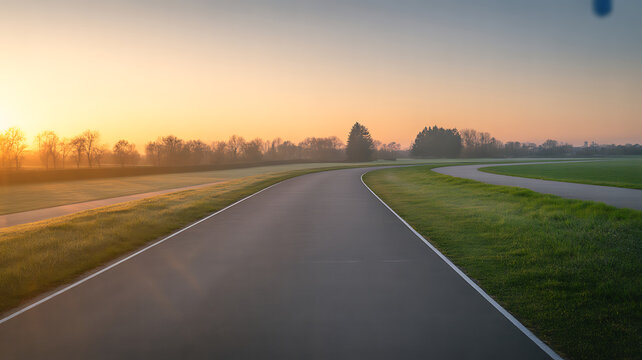 Empty asphalt track curving through green fields at sunrise with warm orange sky road path
