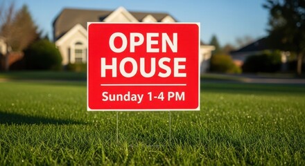 Open house sign in front of house on green lawn