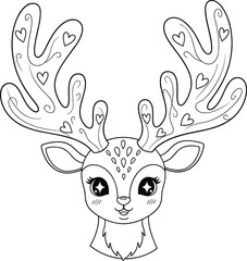 Whimsical hand drawn outline of a cute deer with heart embellishments on antlers