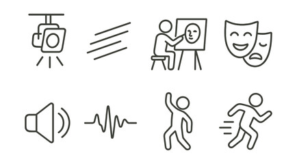 Fototapeta premium Line vector icons of performance art: stage light, movement lines, live sketch, emotional mask, speaker icon, sound wave, body