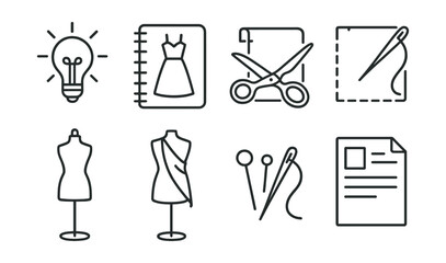 Line vector icons of fashion design process: idea lightbulb, sketch pad, fabric cut, sample stitch, dress form, draping cloth,