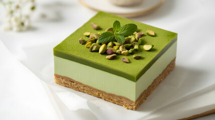 Macha and pistachio cake with cream and nuts
