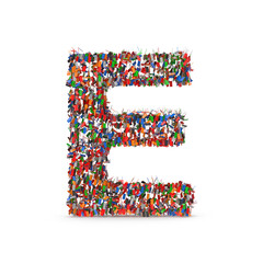 The letter E formed by a diverse crowd of colorful people