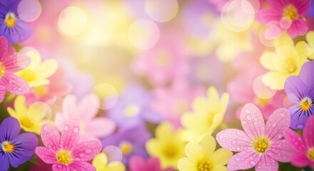 Soft focus spring flowers with water droplets and bokeh highlights glow.