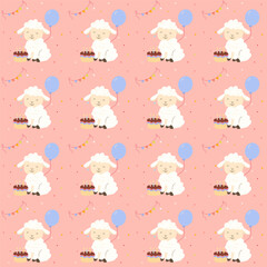 Vector seamless pattern with cute lamb sitting near cake, balloon, flags and confetti on pink background. Perfect for kids and party design.