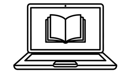 Minimalist line art icon of an open book on a laptop screen, symbolizing digital learning, e-education, virtual classrooms, online courses, and remote academic studies