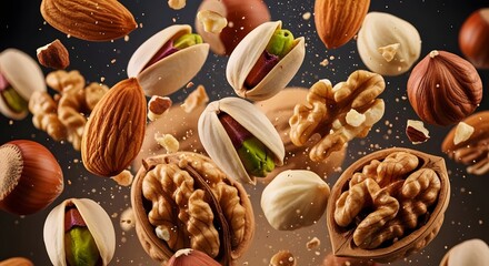 nuts close up splashing scattered on dark background mix of almond pistachio walnut hazelnut