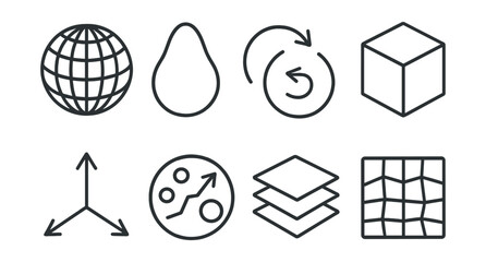 Line style icons of 3D modeling for science: object mesh, shape outline, rotation tool, cube model, transformation axis,