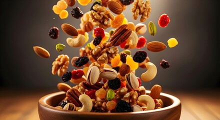 mix of nuts, dried fruits and chocolates candy splashing from a wooden bowl in the air