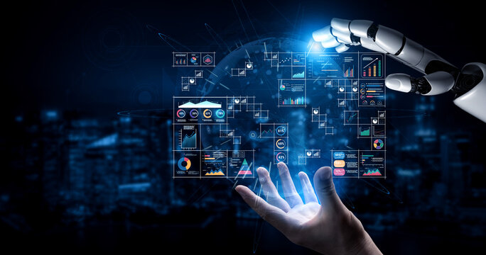 An AI powered big data visualization and business analytics grid. A complex collection of AI charts for comprehensive company reporting. Motif