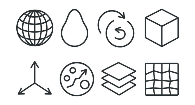 Line style icons of 3D modeling for science: object mesh, shape outline, rotation tool, cube model, transformation axis,
