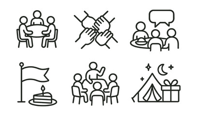 Line style icons of community gathering: round table, joined hands, shared meal, speech icon, banner flag, storytelling scene,
