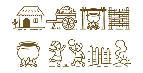 Obraz premium Line style icons of village life: clay house, harvest wagon, cooking pit, weaving wall, family pot, children’s play, handmade