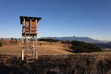 Panska hola, Low Tatras, High Tatras in background, Slovakia. Hunting high seat and Beautiful mountain and hill landscape in the morning during sunrise, dawn and daybreak. Autumn and fall.