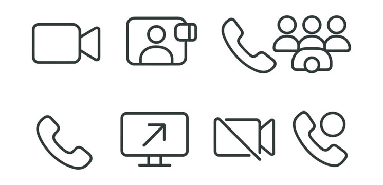 Line style icons of video and calls: video camera icon, video call, call button, group call, end call, screen share, camera on/off