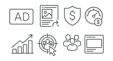 Line style icons of social advertising: ad label, promoted post, sponsor icon, budget meter, campaign chart, click icon, target