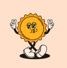 Groovy sun character in retro style. Flat vector illustration.