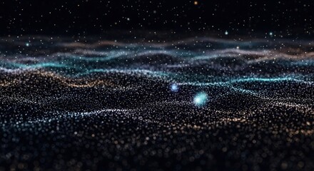 Cosmic particles flow through dark space with shimmering light.