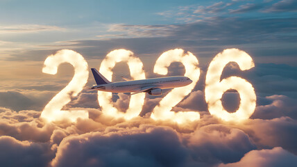 White airplane flies through glowing cloud numbers 2026 in sunset sky flying