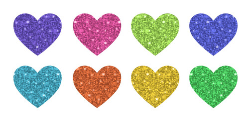Glitter hearts in bright rainbow colors creating a sparkling and festive look. Perfect for holiday projects, romantic themes, Valentine's Day cards, stickers, crafts, and joyful creative designs.