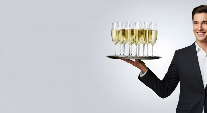 Smiling man in suit presents a tray with champagne flutes, ready to serve for celebrations and events.