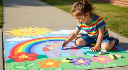 Fototapeta premium A girl kneels on a sidewalk, creating a colorful chalk drawing of a rainbow, castle, sun, and flowers.
