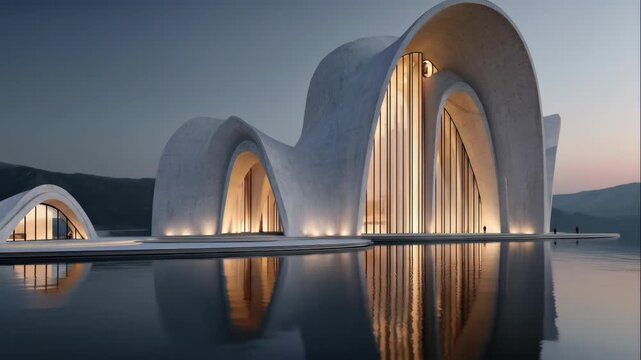 Modern architectural masterpiece with curved structures reflecting on water at dusk