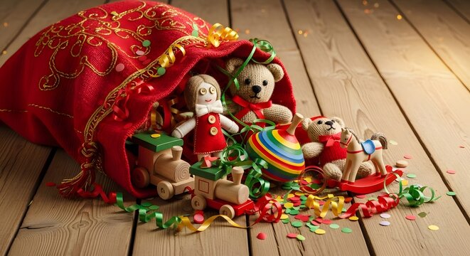 A festive red sack spills out classic toys ? trains, bears, doll and a top ? onto a wood floor surface.