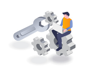 3d man with wrench and gear